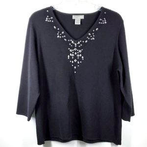 Designers Originals Black V Neck Beaded Bling Sweater XL EUC